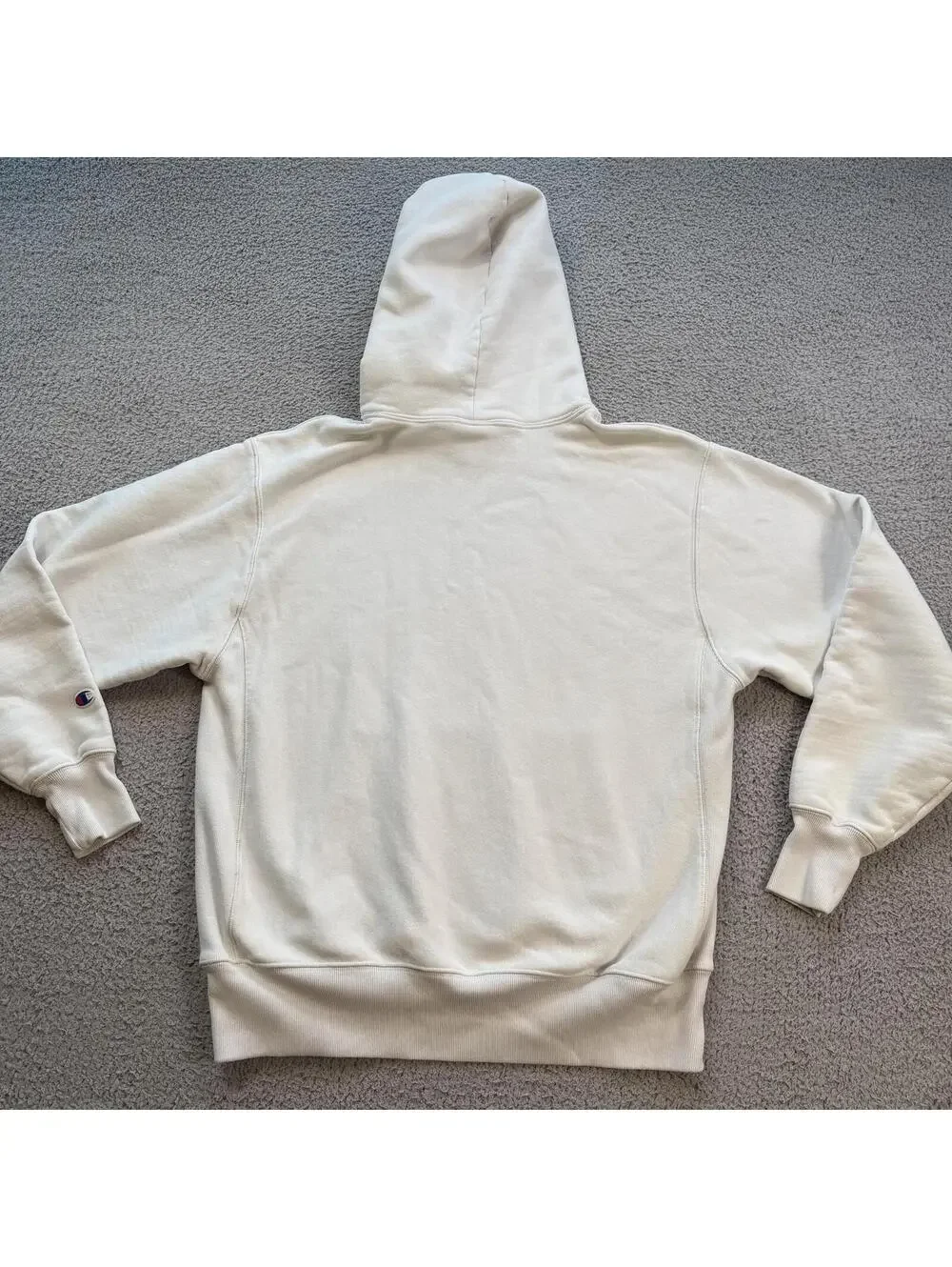 Champion Reverse Weave Hoodie Cream Small Logo Pullover Sweatshirt Mens Large
